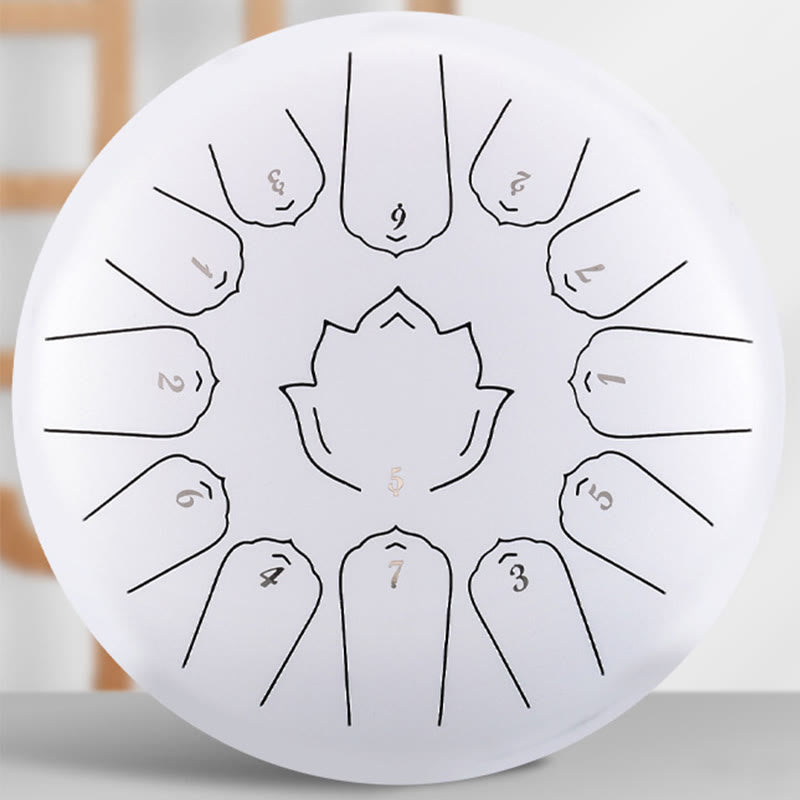 Buddha Stones Steel Tongue Drum Sound Healing Mindfulness Lotus Pattern Yoga Drum Kit 13 Note 12 Inch Percussion Instrument - White - image 6