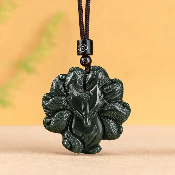 Hetian Cyan Jade Nine Tailed Fox Luck Necklace String Pendant - image 5