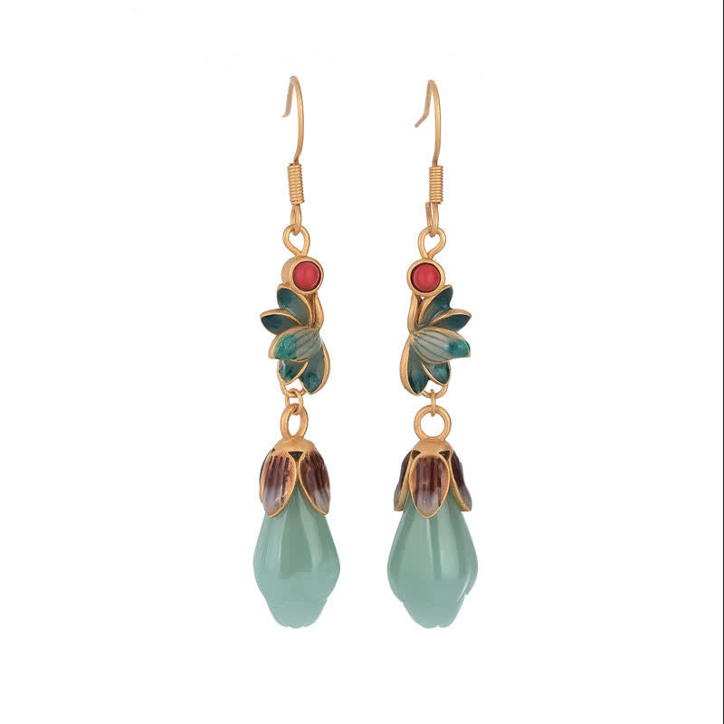 Magnolia Flower Jade Pattern Luck Prosperity Drop Dangle Earrings - image 5