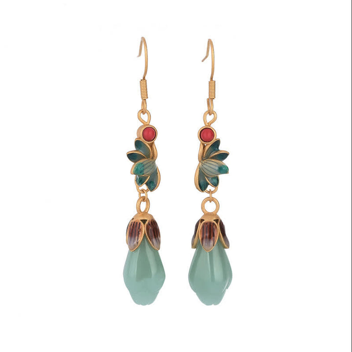 Magnolia Flower Jade Pattern Luck Prosperity Drop Dangle Earrings - image 5