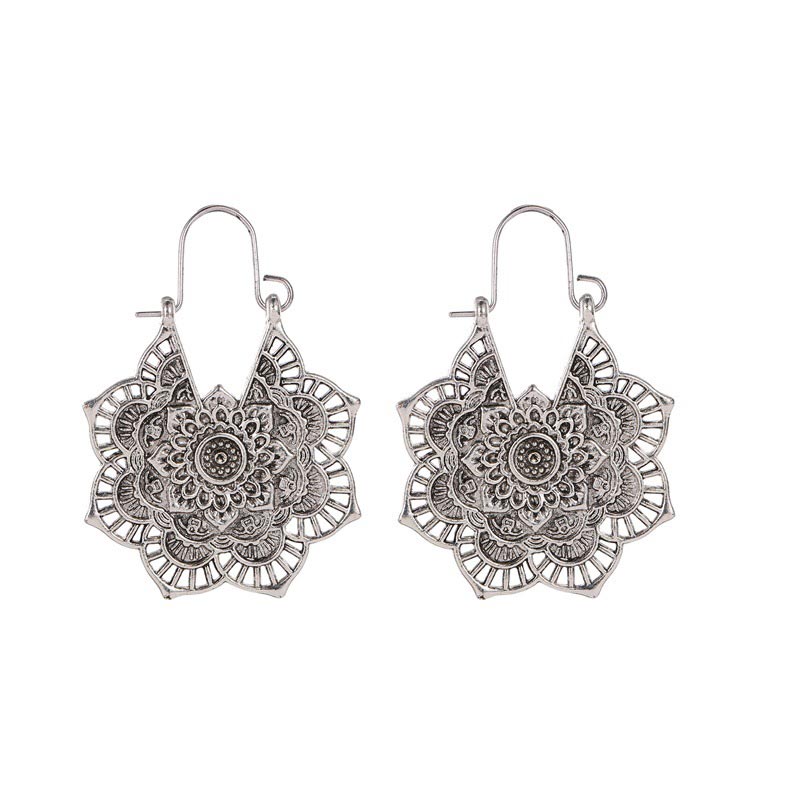 Buddha Stones Tibetan Lotus Engraving Copper Blessing Drop Earrings - Silver - image 5