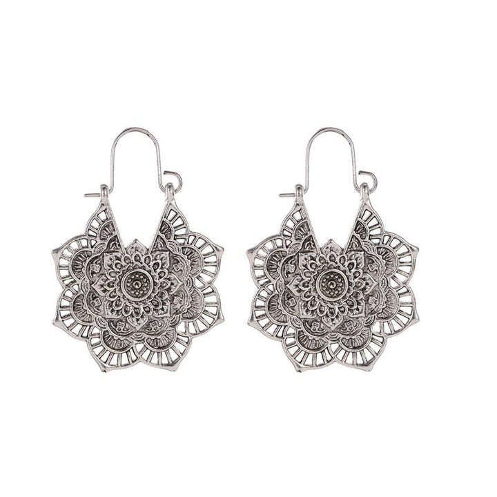 Buddha Stones Tibetan Lotus Engraving Copper Blessing Drop Earrings - Silver - image 5