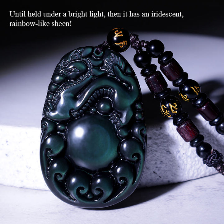Buddha Stones Tibetan Positive Rainbow Obsidian PiXiu Necklace - image 1