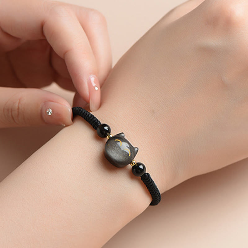 Buddha Stones Handmade Natural Silver Sheen Obsidian Strawberry Quartz Cute Cat Protection Braided Bracelet - image 3