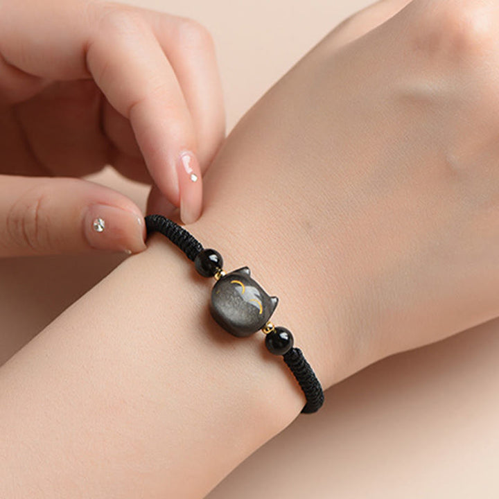 Buddha Stones Handmade Natural Silver Sheen Obsidian Strawberry Quartz Cute Cat Protection Braided Bracelet - image 3