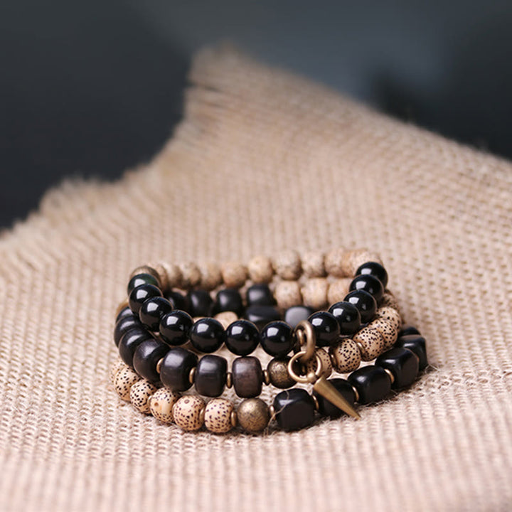 Buddha Stones Tibetan Bodhi Seed Black Obsidian Ebony Wood Copper Peace Bracelet - image 12