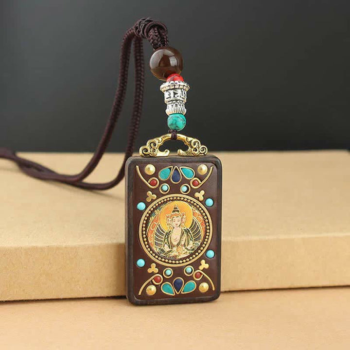 Buddha Stones Tibet God of Wealth Thangka Ebony Peace Necklace Pendant - image 10