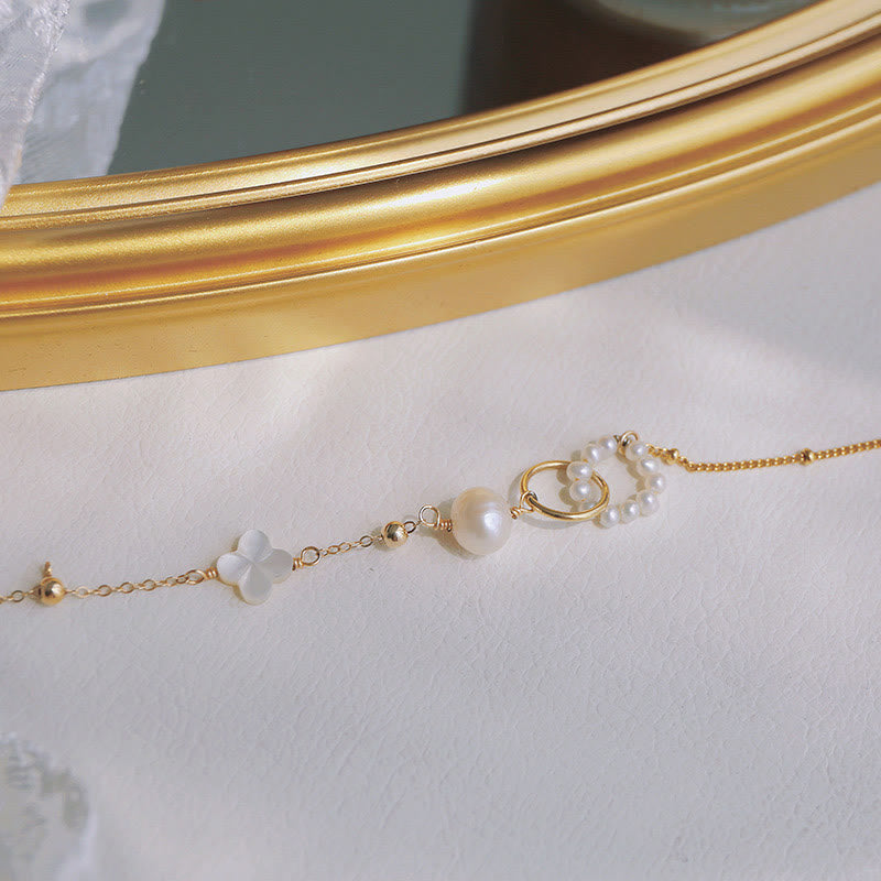 Buddha Stones 14K Gold Plated Pearl Double Peace Buckle Healing Chain Bracelet - image 1