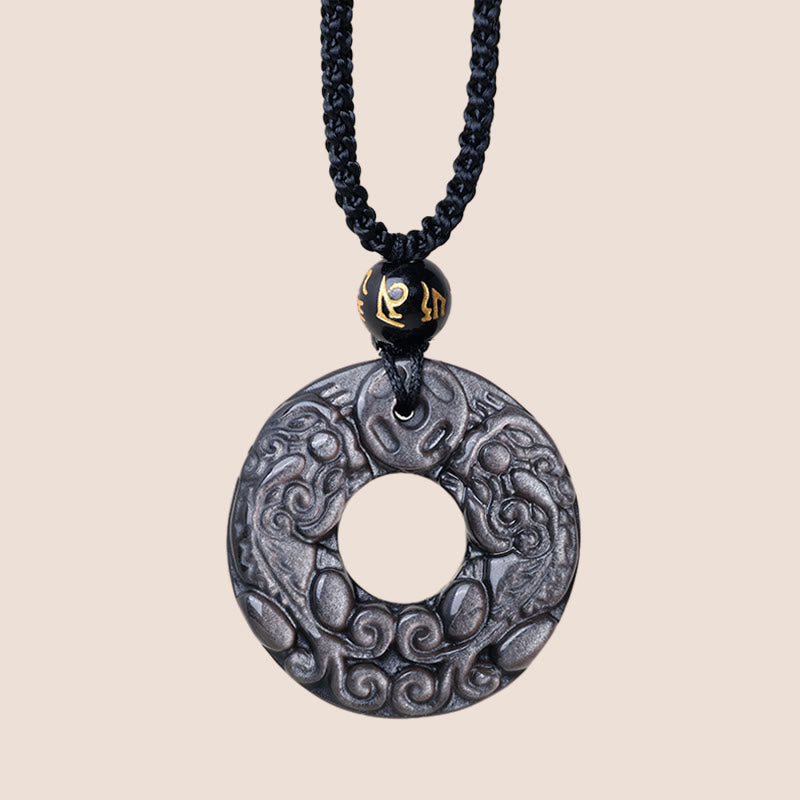Buddha Stones Natural Silver Sheen Obsidian Double PiXiu Copper Coin Peace Buckle Protection Necklace Pendant - image 2
