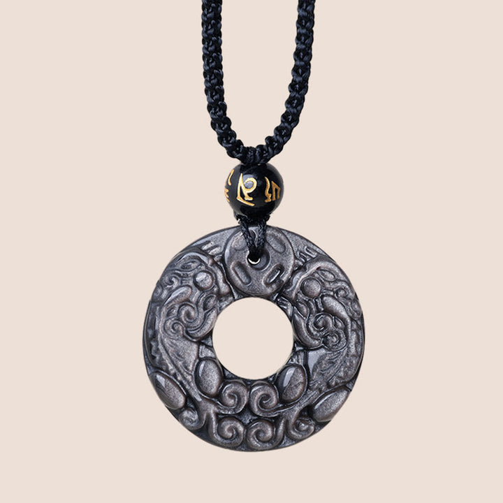 Buddha Stones Natural Silver Sheen Obsidian Double PiXiu Copper Coin Peace Buckle Protection Necklace Pendant - image 2