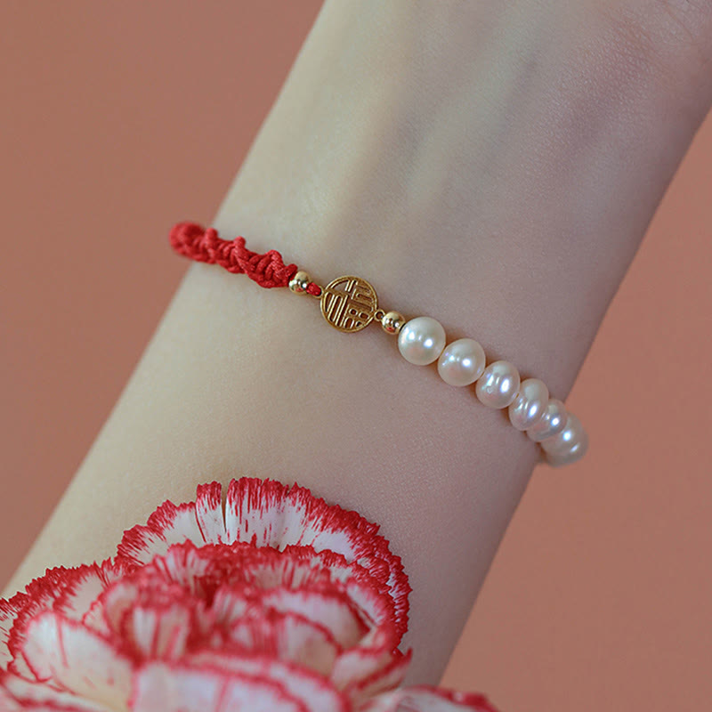 Buddha Stones 14K Gold Plated Pearl Bead Luck Protection Braid Red String Bracelet - image 14