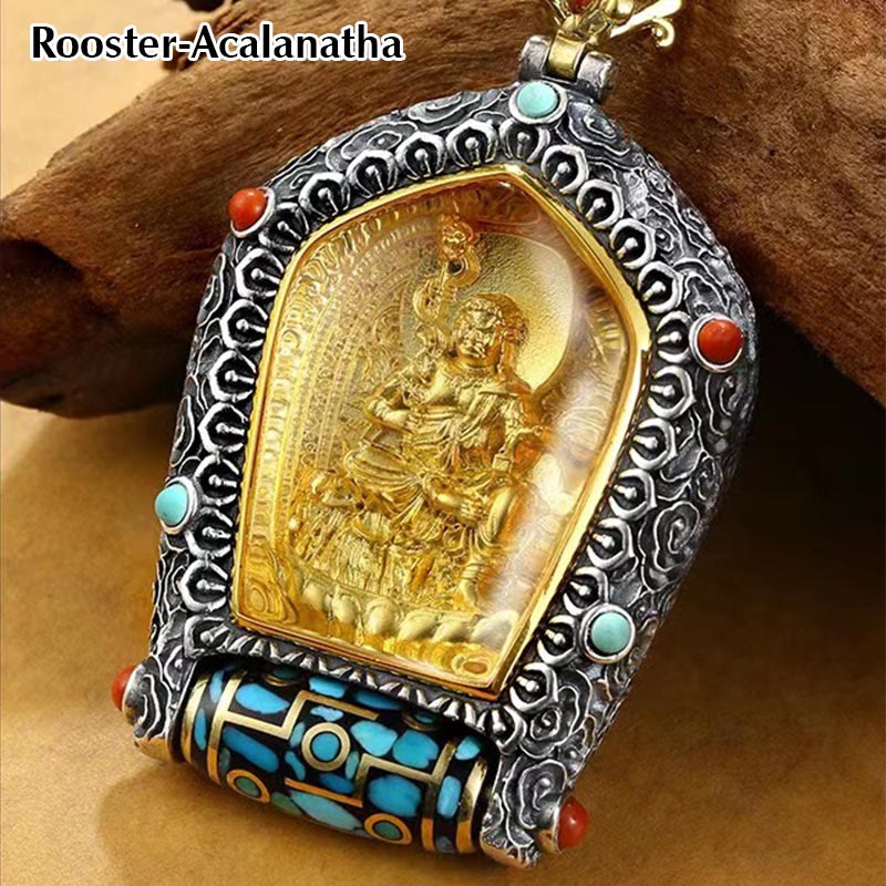Buddha Stones Tibet Chinese Zodiac Natal Buddha Thangka Prosperity Rotatable Dzi Bead Necklace Pendant - Rooster-Acalanatha - image 11