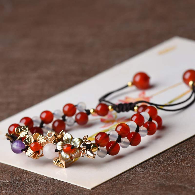 Buddha Stones Green Aventurine Garnet Bead Flower Petal Luck Bracelet - Garnet - Gold Flower - image 12