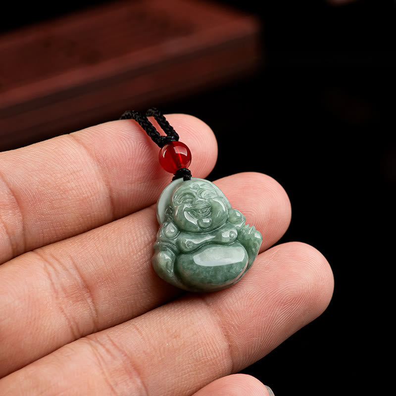 Buddha Stones Natural Green Jade Laughing Buddha Luck Abundance Necklace Pendant - image 4