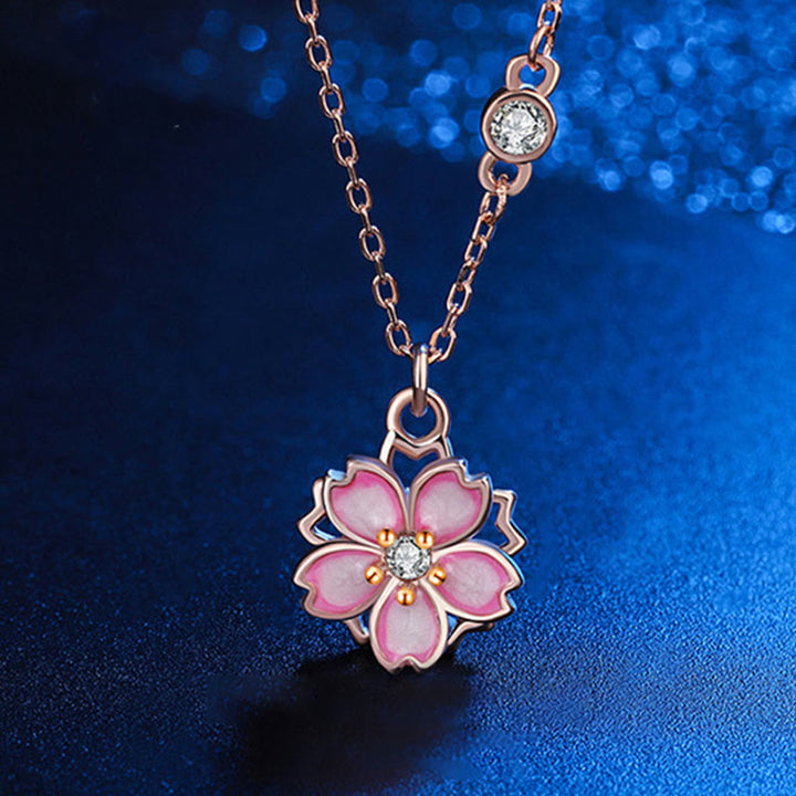 Buddha Stones 925 Sterling Silver Cherry Blossom Flower Rotatable Protection Necklace Pendant - image 0