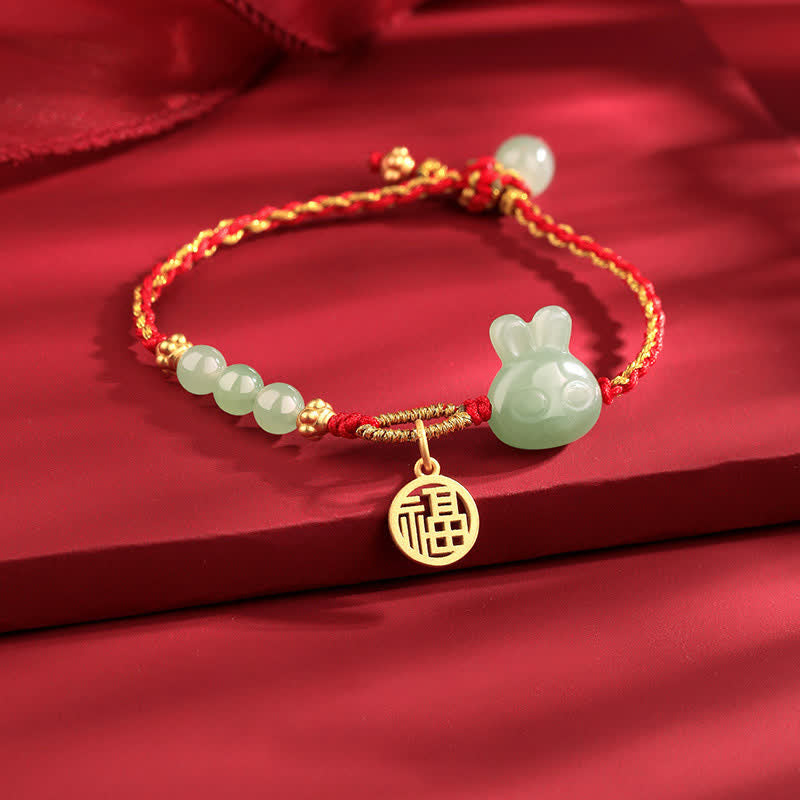 Buddha Stones 925 Sterling Silver Year of the Rabbit Hetian Jade Happiness Luck Red String Bracelet - image 1