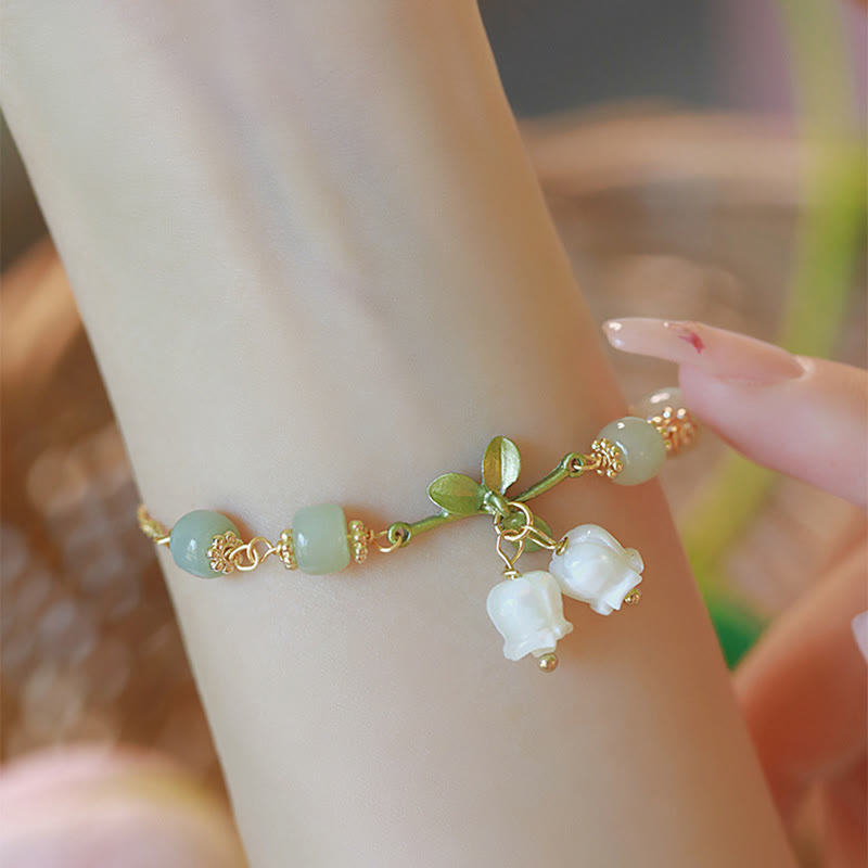Buddha Stones Green Jade Bead Lily of the Valley Prosperity Chain Bracelet - Lily of the Valley(Wrist Circumference 14-15cm) - image 0