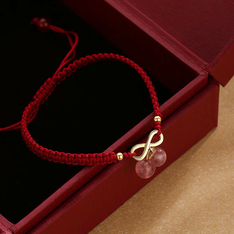 Buddha Stones Strawberry Quartz Crystal Endless Knot Love Healing Red String Weave Bracelet - image 1