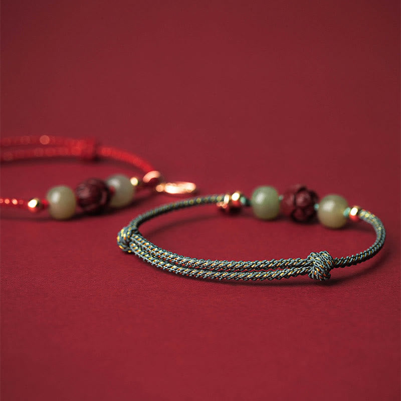 Buddha Stones 14K Gold Plated Hetian Jade Cinnabar Lotus Luck Handcrafted Rope Bracelet - image 12
