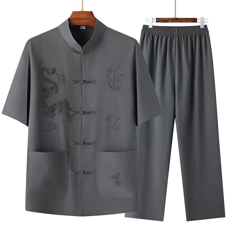 Buddha Stones Tang Suit Hanfu Chinese Dragon Traditional Kung Fu Uniform Short Sleeve Tops and Pants Clothing Men's Set - Dark Gray - US/UK/AU44，EU54 (4XL) - image 8