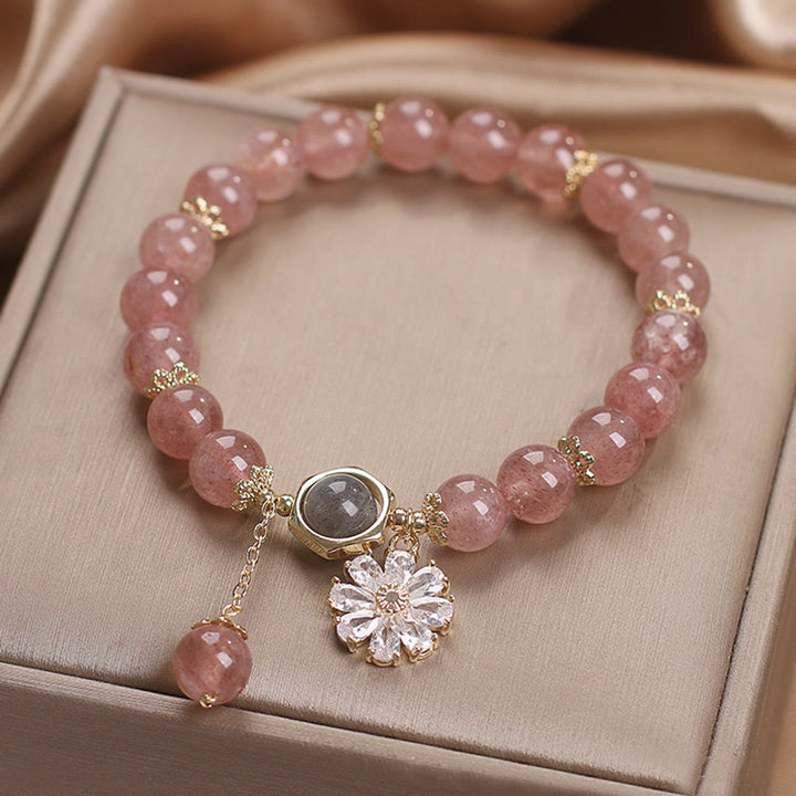 Natural Strawberry Quartz Crystal Daisy Flower Charm Positive Healing Bracelet - image 1