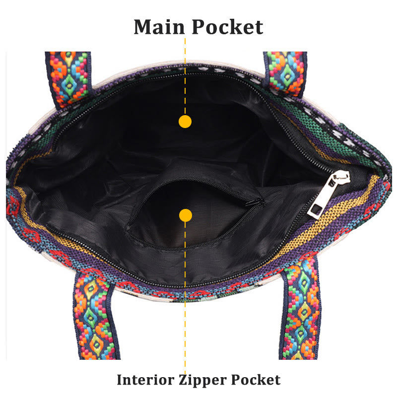 Buddha Stones Elephant Butterfly Embroidered Large Capacity Canvas Tote Bag Shoulder Bag - image 3