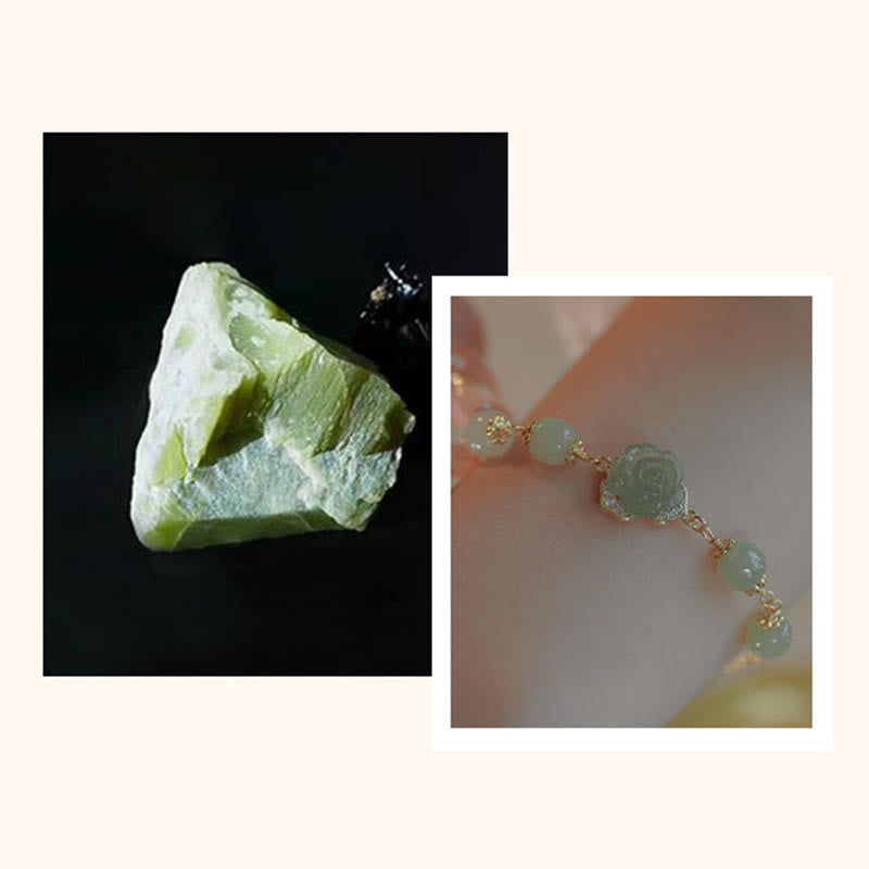 Buddha Stones 14K Gold Plated Hetian Jade Rose Flower Luck Chain Bracelet - image 14