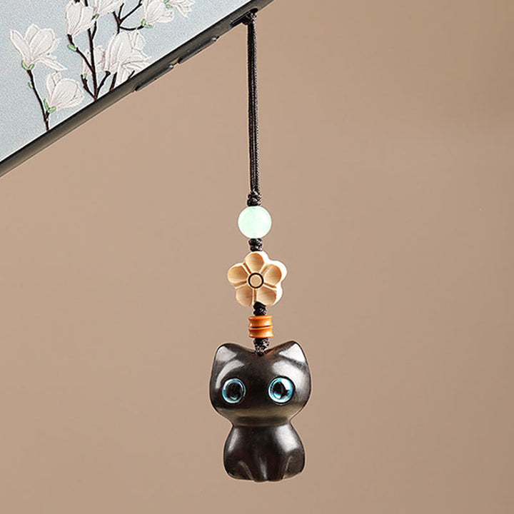 Buddha Stones Mini Small Leaf Red Sandalwood Ebony Wood Lucky Cat Lovely Kitty Peace Key Chain Phone Hanging Decoration - image 14