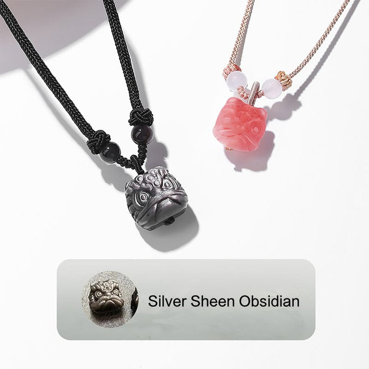 Buddha Stones Natural Silver Sheen Obsidian Red Agate Dancing Lion Protection Necklace Pendant - image 9