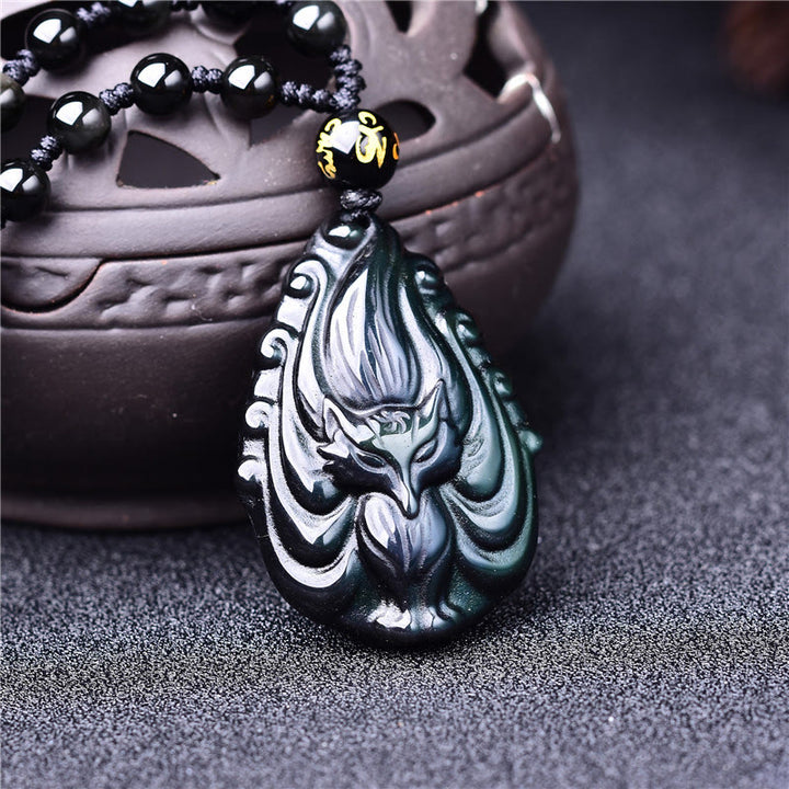 Buddha Stones Natural Rainbow Obsidian Nine Tailed Fox Inner Peace Necklace Beaded String Pendant - image 1