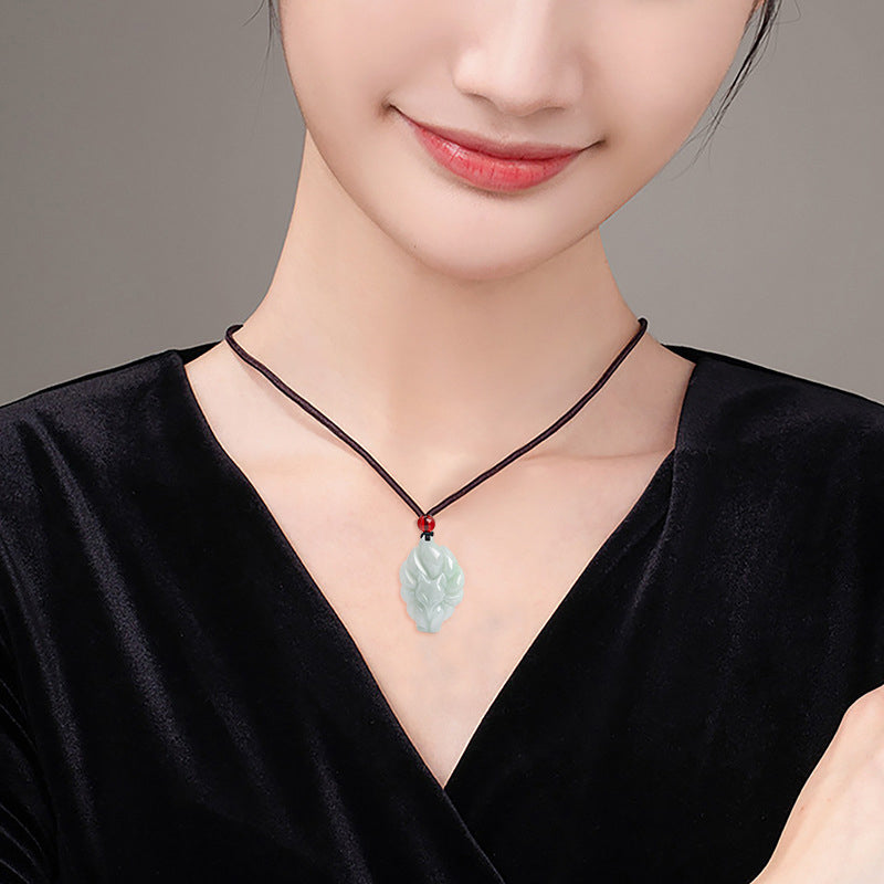 Buddha Stones Natural Jade Nine Tailed Fox Luck Prosperity Necklace Pendant - image 2