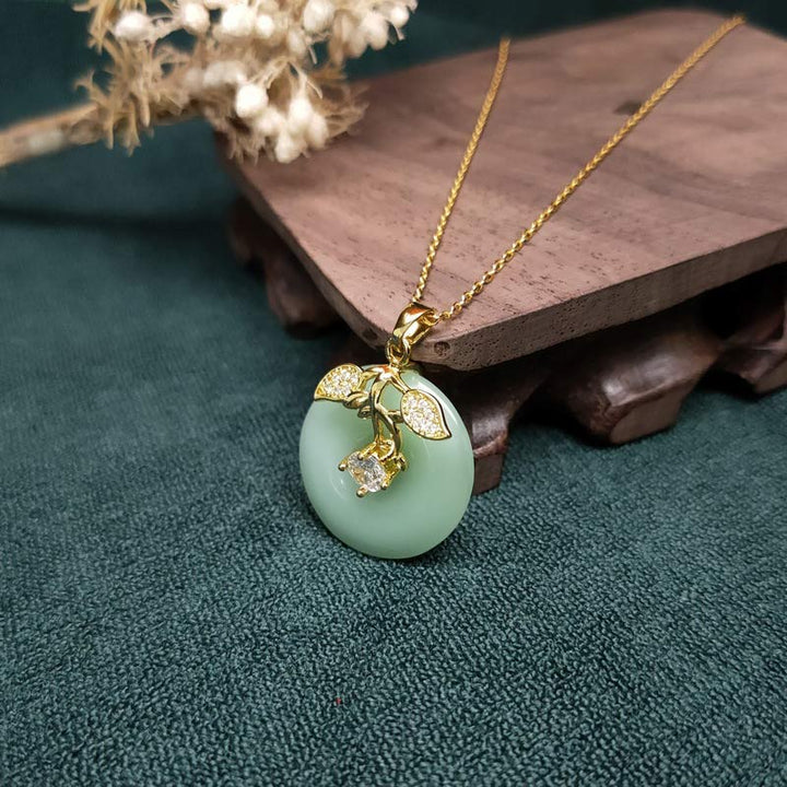 Buddha Stones Round Jade Leaf Blessing Fortune Necklace Chain Pendant - image 3