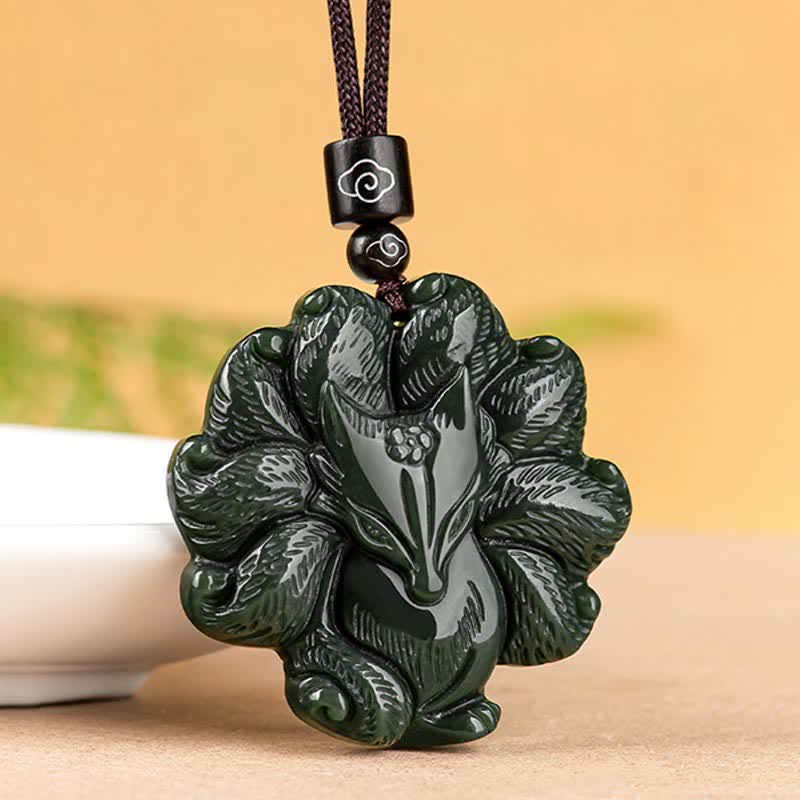 Hetian Cyan Jade Nine Tailed Fox Luck Necklace String Pendant - image 1
