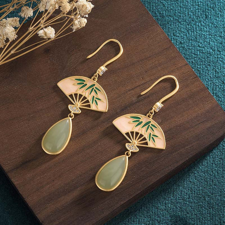 Buddha Stones Natural Green Aventurine Fan Pattern Luck Drop Earrings - Bamboo Leaves - image 0