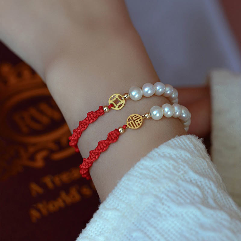 Buddha Stones 14K Gold Plated Pearl Bead Luck Protection Braid Red String Bracelet - image 4