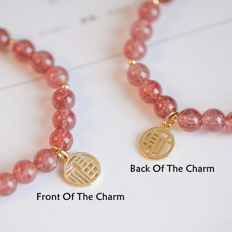 Buddha Stones 14K Gold Plated Strawberry Quartz Fu Character Healing Charm Bracelet - image 3