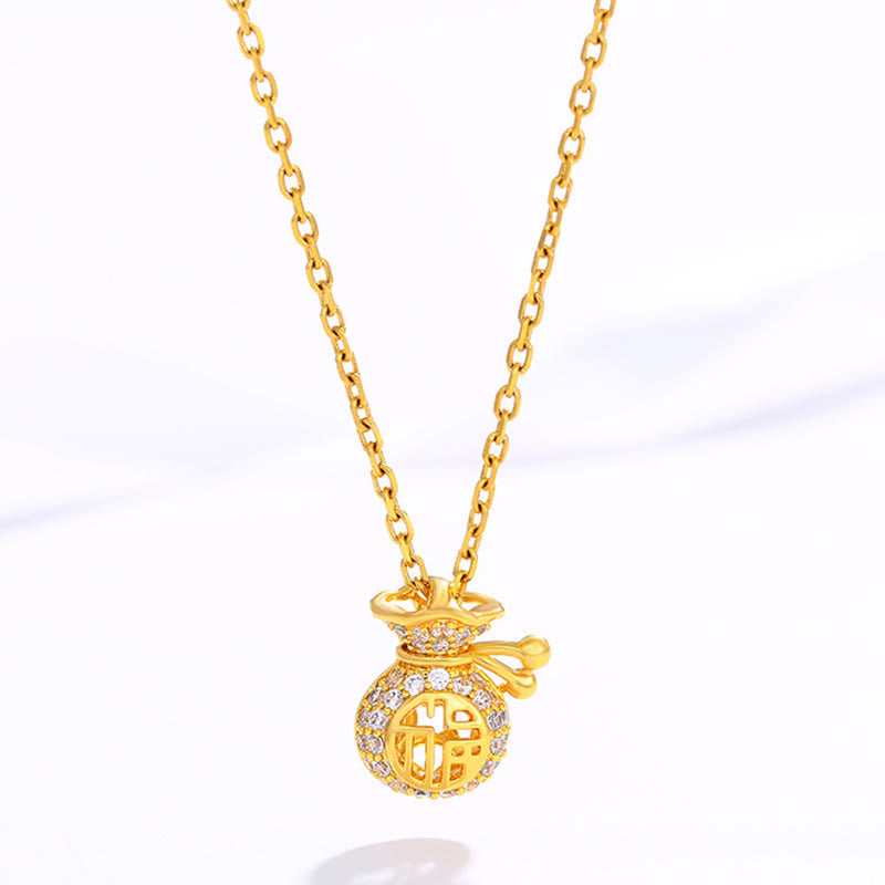 24K Gold Plated Fu Character Fortune Money Bag Necklace Pendant - image 1