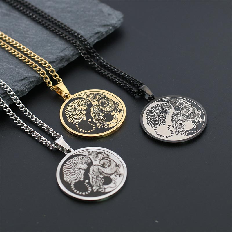 Buddha Stones Tiger Dragon Titanium Steel Chain Necklace Harmony Pendant - image 1