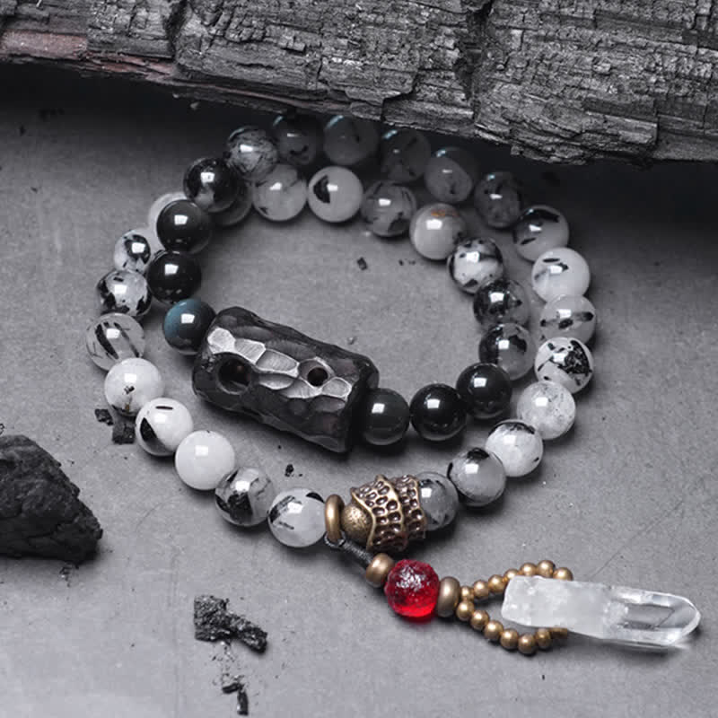 Buddha Stones Black Rutilated Quartz Ebony Wood White Crystal Success Couple Bracelet - 18cm - image 0