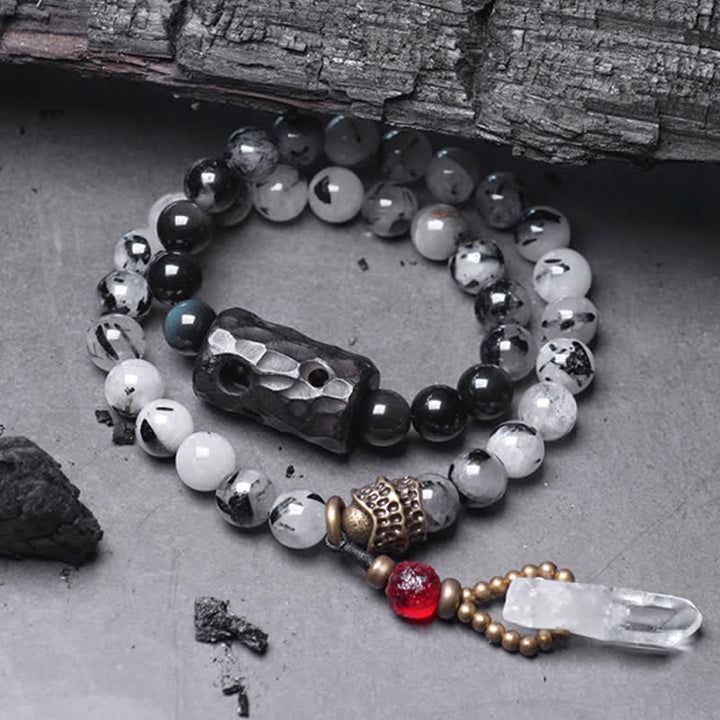 Buddha Stones Black Rutilated Quartz Ebony Wood White Crystal Success Couple Bracelet - 18cm - image 0