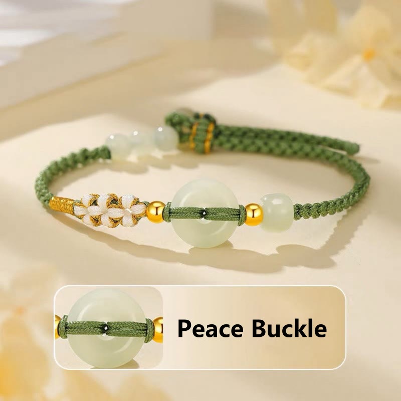 Buddha Stones Hetian Jade Peace Buckle Luck Peach Blossom Braided Bracelet - image 2