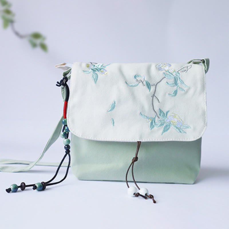 Buddha Stones Handmade Embroidered Plum Flowers Canvas Crossbody Bag Shoulder Bag Handbag - Green White Tea Flower 17*19cm - image 5