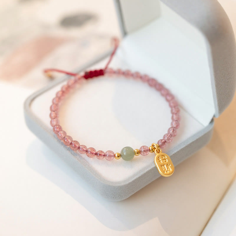 Buddha Stones Natural Strawberry Quartz Garnet Jade Lucky Fortune Fu Character Healing Charm Bracelet - Strawberry Quartz(Love♥Healing)(Wrist Circumference 15-20cm) - image 0
