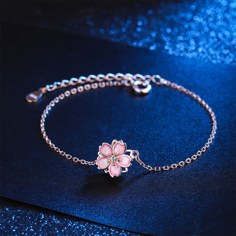 Buddha Stones 925 Sterling Silver Cherry Blossom Blessing Chain Bracelet Rotatable Ring - image 0