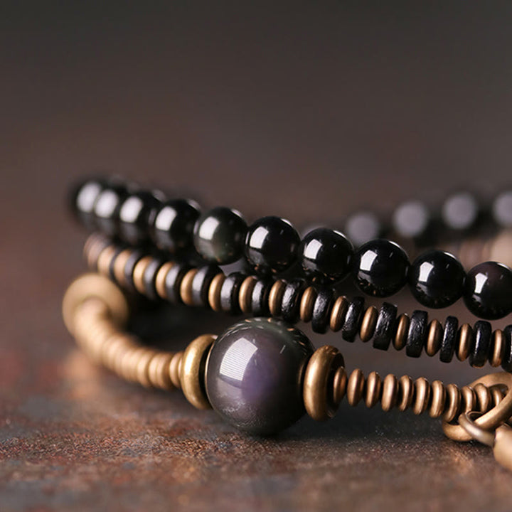 Buddha Stones Rainbow Obsidian Ebony Wood Copper Healing Triple Wrap Bracelet - image 1