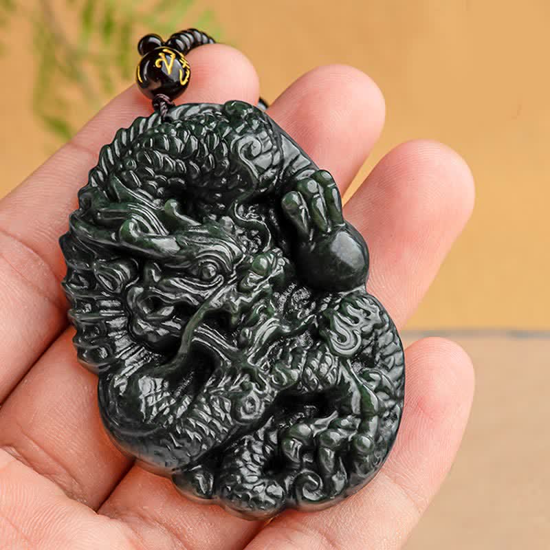 Buddha Stones Hetian Cyan Jade Dragon Success Harmony Necklace Beaded String Pendant - image 3