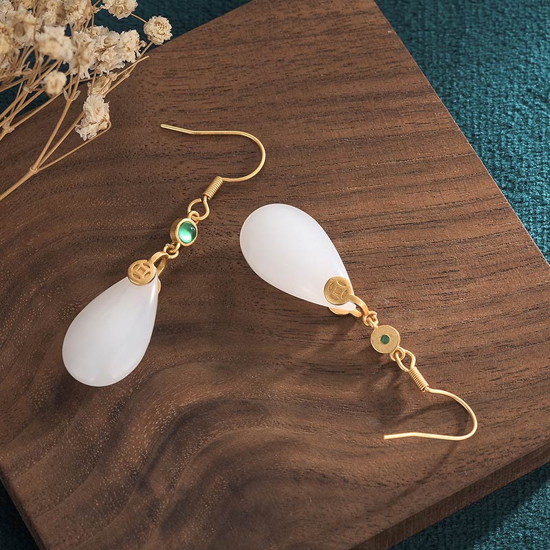 Buddha Stones FengShui White Jade Luck Drop Earrings - image 18