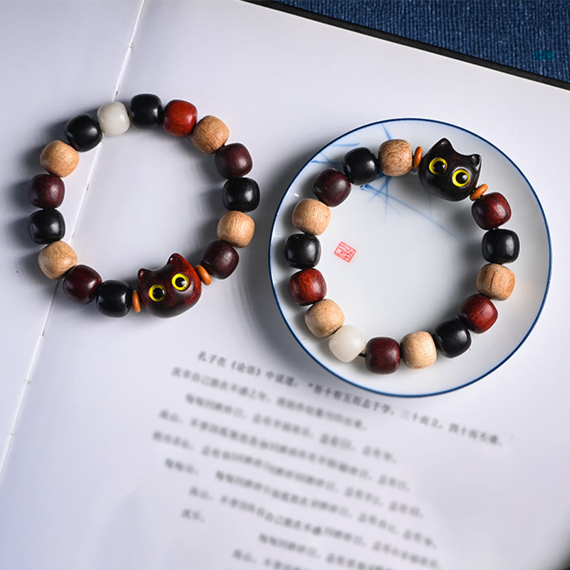 Buddha Stones Small Leaf Red Sandalwood Ebony Wood Cute Cat Engraved Protection Bracelet - image 27