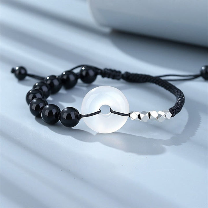 Buddha Stones 925 Sterling Silver Black Obsidian Agate Peace Buckle Strength Bracelet - Black Obsidian - image 0