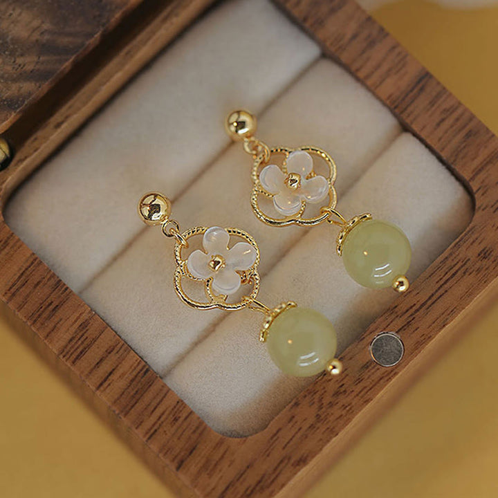 Buddha Stones Tridacna Stone Flower Jade Bead Blessing Drop Earrings - image 3